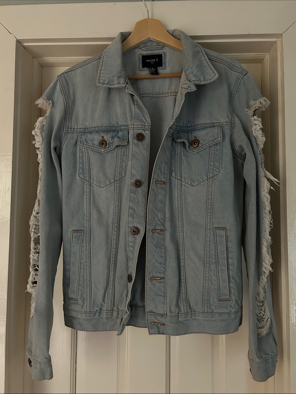 Forever 21 Washed Light Blue Distressed Denim Jacket